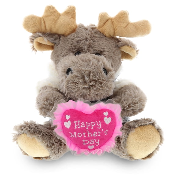 DolliBu Happy Mother's Day Super Soft Plush Sitting Moose With Sweater - Cute Stuffed Animal with Pink Heart Message for Best Mommy, Grandma, Wife, Daughter - Cute Wild Life Plush Toy Gift - 9" Inches