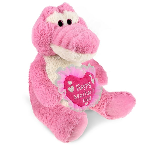 DolliBu Happy Mother's Day Super Soft Plush Sitting Pink Alligator - Cute Stuffed Animal with Pink Heart Message for Best Mommy, Grandma, Wife, Daughter - Cute Wild Life Plush Toy Gift - 10 Inches