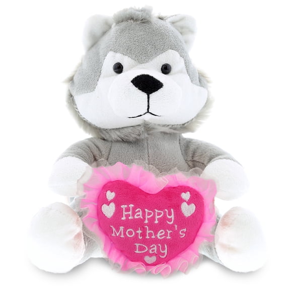 DolliBu Happy Mother's Day Super Soft Plush Sitting Wolf Figure - Cute Stuffed Animal with Pink Heart Message for Best Mommy, Grandma, Wife, Daughter - Cute Wild Life Plush Toy Gift - 6" Inches