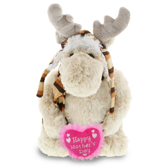 DolliBu Happy Mother's Day Super Soft Plush Standing Moose With Clothes - Cute Stuffed Animal with Pink Heart Message for Best Mommy, Grandma, Wife, Daughter - Cute Wild Life Plush Gift - 13.5" Inches
