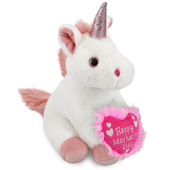 DolliBu Happy Mother's Day Super Soft Plush White Unicorn - Cute Stuffed Animal Present with Pink Heart Message for Best Mommy, Grandma, Wife, Daughter - Cute Fantasy Life Plush Toy Gift - 9 Inches