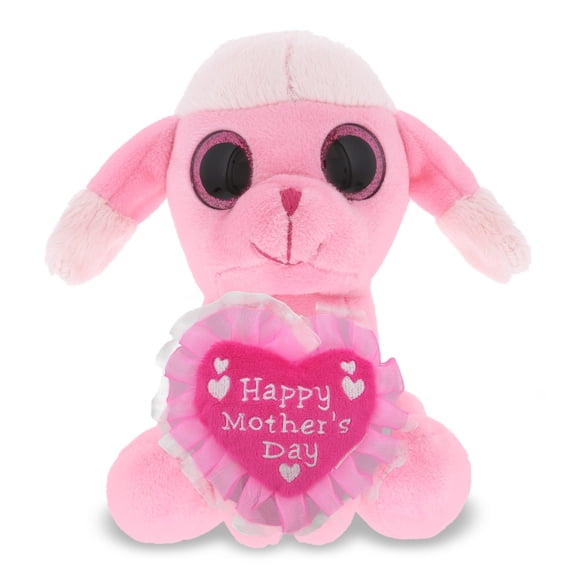DolliBu Happy Mother's Day Super Soft Sparkling Big Eye Pink Poodle Dog Plush - Stuffed Animal with Pink Heart Message for Best Mommy, Grandma, Wife, Daughter - Cute Wild Life Plush Toy Gift - 6 Inch