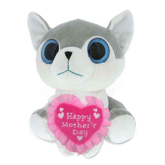 DolliBu Happy Mother's Day Super Soft Sparkling Big Eye Wolf Plush - Cute Stuffed Animal with Pink Heart Message for Best Mommy, Grandma, Wife, Daughter - Cute Wild Life Plush Toy Gift - 6 Inch