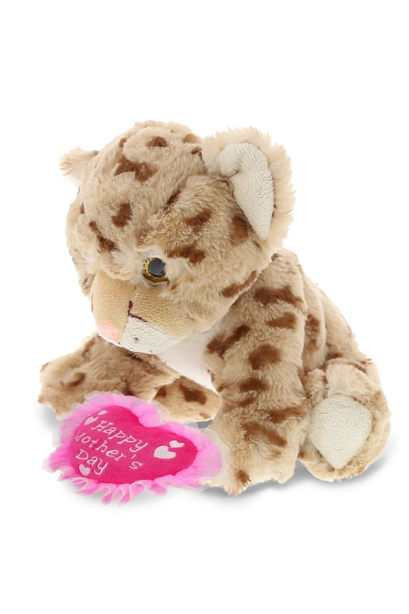 DolliBu Happy Mother's Day Super Soft Squat Cheetah Plush Figure - Cute Stuffed Animal with Pink Heart Message for Best Mommy, Grandma, Wife, Daughter - Cute Wild Life Plush Toy Gift - 12" Inches