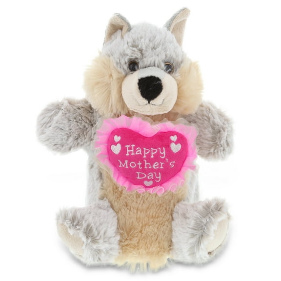 DolliBu Happy Mother's Day Wolf Plush Hand Puppet - Cute Stuffed Animal Present With Pink Heart Message for Best Mommy, Grandma, Wife, Daughter - Cute Wild Life Plush Puppet Toy Gift - 9" Inches