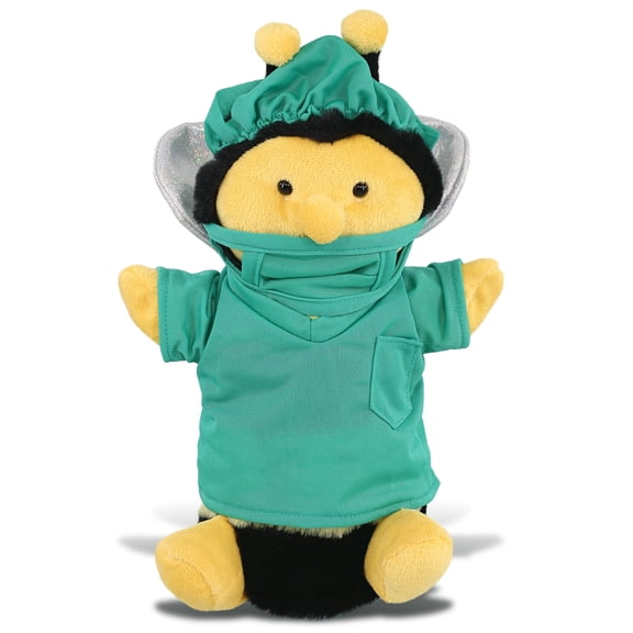 DolliBu Honeybee Hand Puppet Doctor Plush Toy - Super Soft Honeybee Doctor Stuffed Animal Dress Up with Cute Scrub Uniform and Cap Outfit - Fluffy Doctor Toy Plush Gift - 10 Inch