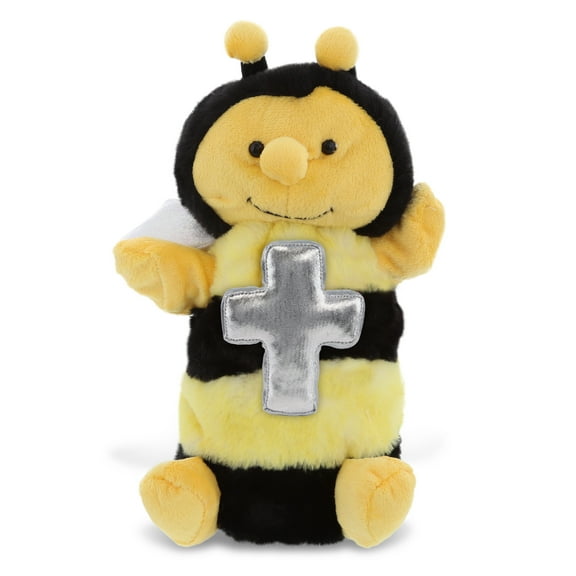 DolliBu Honeybee Hand Puppet Stuffed Animal with Silver Cross Plush - Religious Baptism Gifts for Boys and Girls, Dedication Christening Gifts Plush Prayer Toy Healing Stuffed Animal - 10 Inches