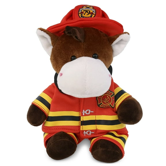 DolliBu Horse Firefighter Stuffed Animal - Super Soft Horse Fireman Toy with Red Fireman Costume Outfit and Fireman Hat, Cute Farm Life Animal Fire Fighter Doll Plush Toy for Kids - 6 Inch