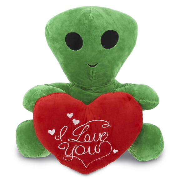 DolliBu I LOVE YOU Alien XL Plush Cute Alien Stuffed Animal with Red Heart For Valentine, Anniversary, Romantic Date, Boyfriend, or Girlfriend Gift 18 Inches