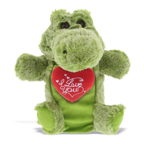 DolliBu I LOVE YOU Alligator Soft Plush Hand Puppet - Cute Stuffed Animal with Heart And With Name Personalization For Valentine, Anniversary, Romantic Date, Boyfriend, & Girlfriend Gift - 9"