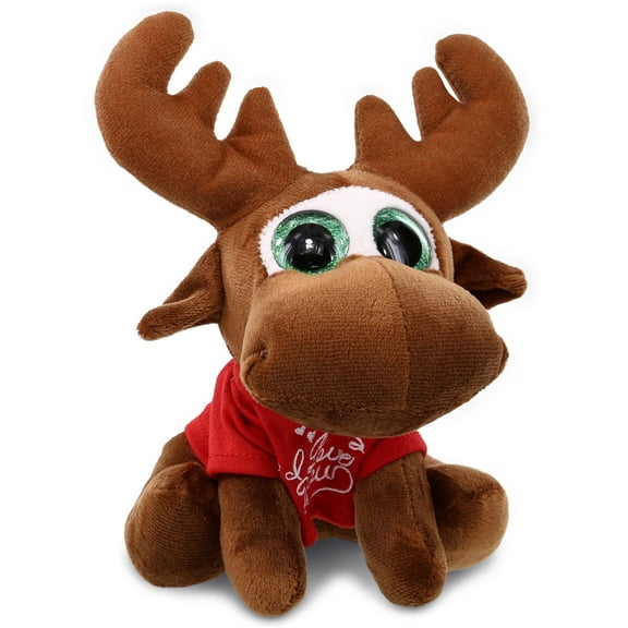 DolliBu I LOVE YOU Big Eye Moose Plush- Cute Stuffed Animal with Red Shirt For Valentine, Anniversary, Romantic Date, Boyfriend, or Girlfriend Gift - 6.5 Inches
