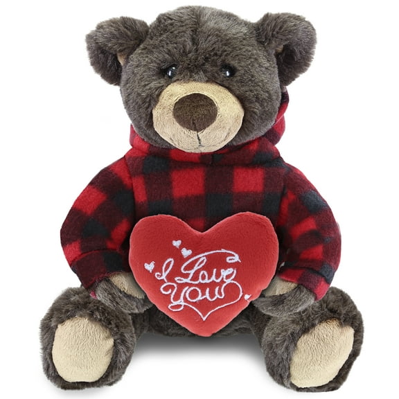 DolliBu I LOVE YOU Brown Bear Plush with Red Plaid Hoodie - Cute Stuffed Animal with Heart for Valentine's Day, Anniversary, Romantic Date, Boyfriend, or Girlfriend - 10 Inch