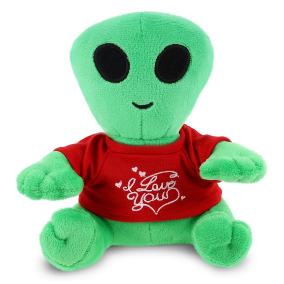 DolliBu I LOVE YOU Green Alien Plush- Cute Stuffed Animal with Red Shirt For Valentine, Anniversary, Romantic Date, Boyfriend, or Girlfriend Gift - 6 Inches