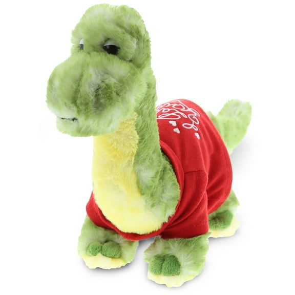 DolliBu I LOVE YOU Green Dinosaur Plush – Cute Stuffed Animal with Red Shirt for Valentine, Anniversary, Romantic Date, Boyfriend, or Girlfriend Gift – 10 Inches