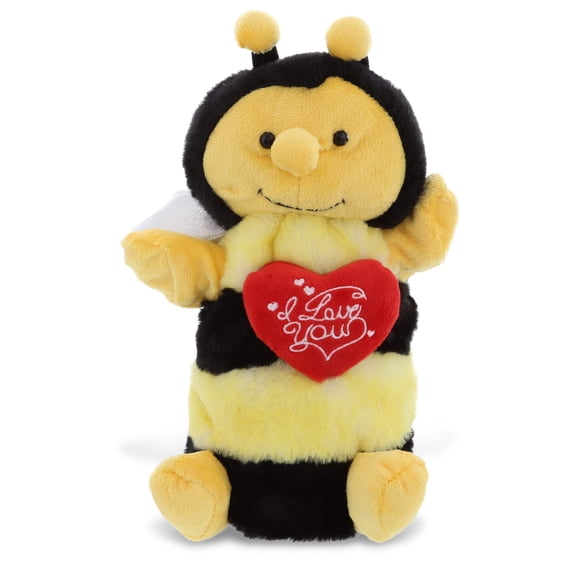 DolliBu I LOVE YOU Honeybee Super Soft Plush Hand Puppet - Cute Stuffed Animal with Heart And With Name Personalization For Valentine, Anniversary, Romantic Date, Boyfriend, Girlfriend Gift - 10"