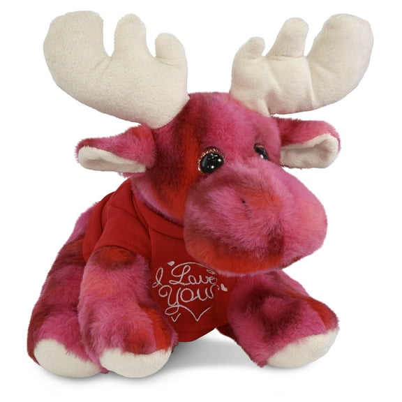 DolliBu I LOVE YOU Pink Tie-Dye Floppy Moose Plush - Cute Moose Plush Stuffed Animal with I Love You Red Shirt For Valentine, Anniversary, Romantic Date, Boyfriend, or Girlfriend Gift - 9 Inches