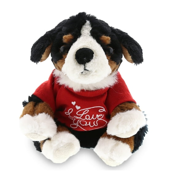 DolliBu I LOVE YOU Plush Bernese Dog - Cute Stuffed Animal with Red Shirt For Valentine, Anniversary, Romantic Date, Boyfriend, or Girlfriend Gift - 7 Inches