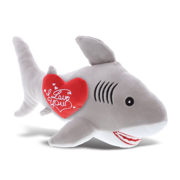 DolliBu I LOVE YOU Plush Gray Shark Baby Soft - Cute Stuffed Animal with Heart for Valentines, Anniversary, Romantic Date, Boyfriend, or Girlfriend Gift - 12 Inches