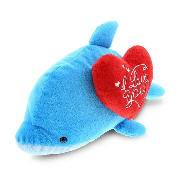 DolliBu I LOVE YOU Plush Marine Blue Dolphin - Cute Stuffed Animal with Heart for Valentines, Anniversary, Romantic Date, Boyfriend, or Girlfriend Gift - 7 Inches
