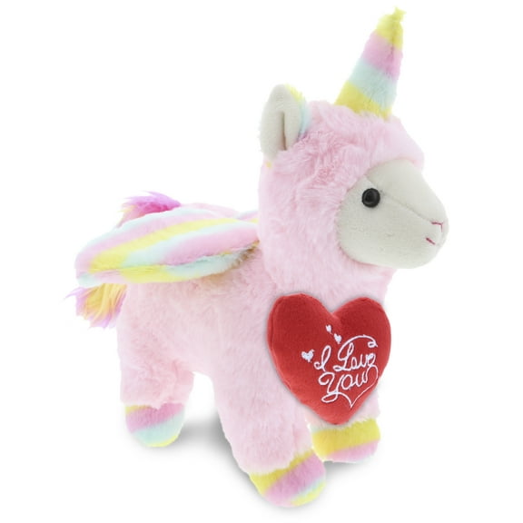 DolliBu I LOVE YOU Plush Pink Flying Llamacorn - Cute Stuffed Animal Flying Llamacorn with Red Heart Plush for Valentines, Anniversary, Romantic Date, Boyfriend, or Girlfriend Gift - 11 Inches