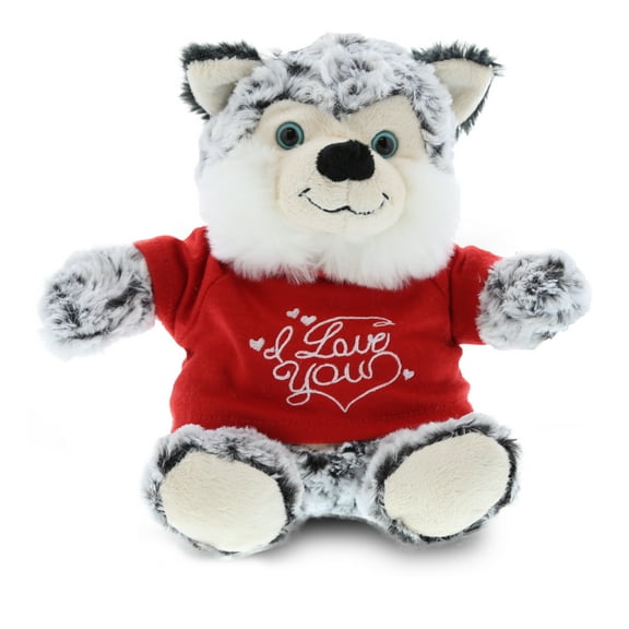DolliBu I LOVE YOU Plush Sitting Big Eye Husky Dog Cute Stuffed Animal with Heart Message for Valentines, Anniversary, Romantic Date, Boyfriend, Girlfriend Gift 9 Inch