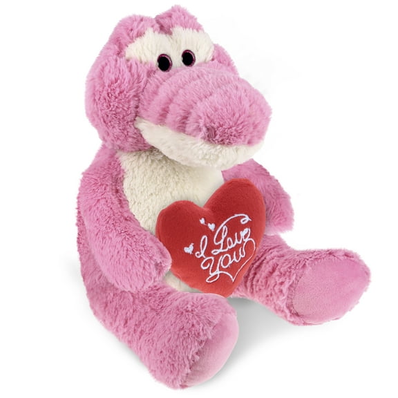 DolliBu I LOVE YOU Plush Sitting Pink Alligator - Cute Stuffed Animal with Heart for Valentines, Anniversary, Romantic Date, Boyfriend, or Girlfriend Gift - 10 Inches