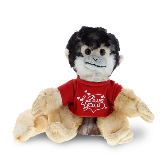 DolliBu I LOVE YOU Plush Squirrel Monkey - Cute Stuffed Animal with Red Shirt For Valentine, Anniversary, Romantic Date, Boyfriend, or Girlfriend Gift - 12.5 Inches