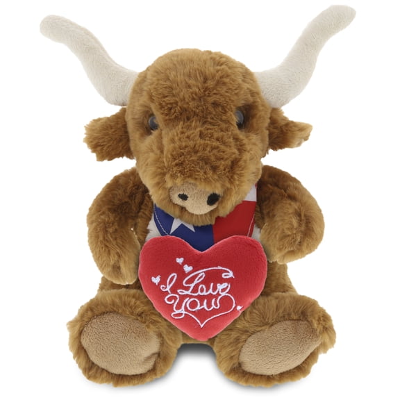 DolliBu I LOVE YOU Plush Texas Longhorn - Cute Stuffed Animal Texas Longhorn with Red Heart Plush for Valentines, Anniversary, Romantic Date, Boyfriend, or Girlfriend Gift - 8 Inches