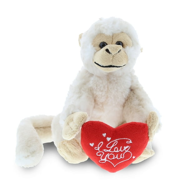 DolliBu White Squirrel Monkey Stuffed Animal with Red Heart Plush - Soft and Cuddly Plush Monkey Gift for Valentine's Day, Anniversary, Birthday, or Romantic Date - 12.5 Inches