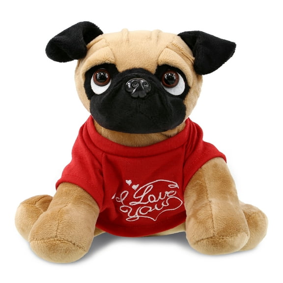 DolliBu I LOVE YOU Pug Dog Plush- Cute Stuffed Animal with Red Shirt For Valentine, Anniversary, Romantic Date, Boyfriend, or Girlfriend Gift - 9 Inches