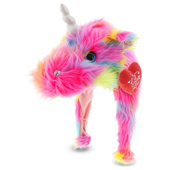 DolliBu I LOVE YOU Rainbow Dragoncorn Plush Hat Cute Dragon Unicorn Stuffed Hat with Red Heart for Valentine, Anniversary, Romantic Date, Boyfriend, or Girlfriend Gift 17 Inches