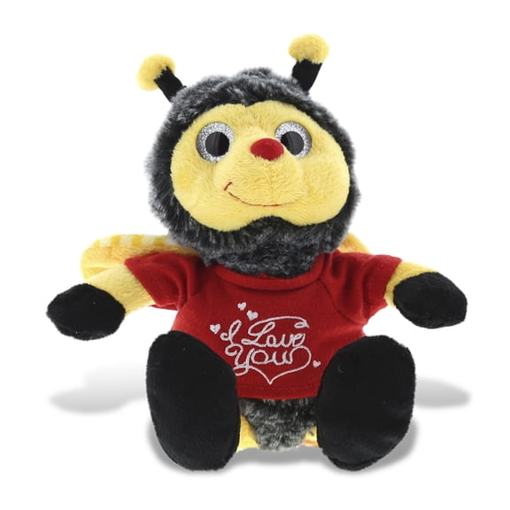 DolliBu I LOVE YOU Sitting Big Silver Eyes Honeybee Plush Cute Stuffed Animal Insect with Red Shirt for Valentine, Anniversary, Romantic Date, Boyfriend, or Girlfriend Gift 6.5 Inches