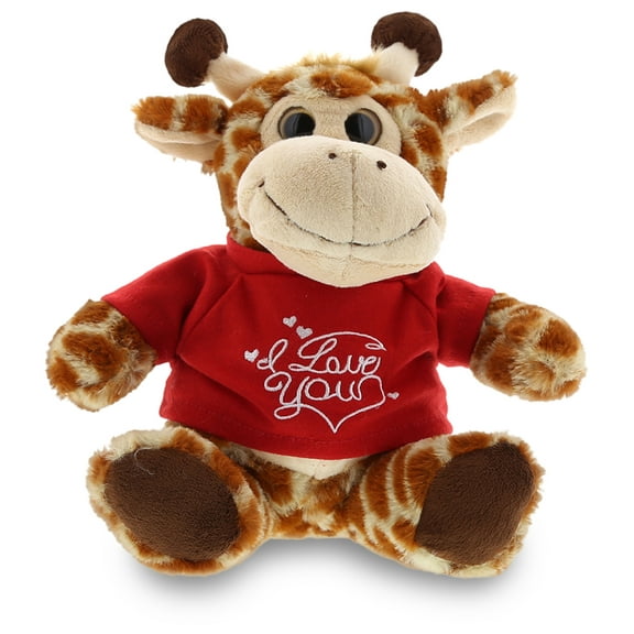 DolliBu I LOVE YOU Sitting Giraffe Plush Cute Stuffed Animal with Red Shirt for Valentine, Anniversary, Romantic Date, Boyfriend, or Girlfriend Gift 6.5 Inches