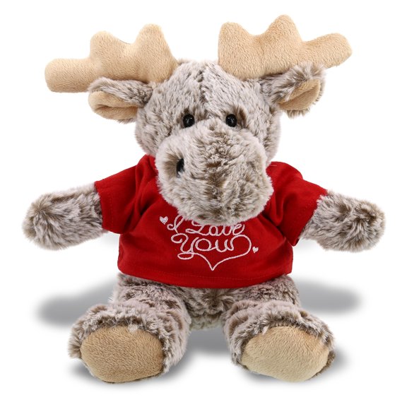 DolliBu I LOVE YOU Sitting Moose Plush With Brown Hooded Sweater - Cute Stuffed Animal with Red Shirt For Valentine, Anniversary, Boyfriend, or Girlfriend Gift - 8 Inches