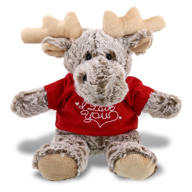 DolliBu I Love You Sitting Moose Plush – 10 Inch Brown Stuffed Animal With Red Heart, Valentine Gift