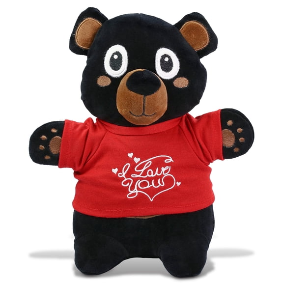 DolliBu I LOVE YOU Snug-Mooshies Standing Black Bear Plush- Cute Bear Plush Stuffed Animal with I Love You Red Shirt For Valentine, Anniversary, Romantic Date, Boyfriend, or Girlfriend Gift - 10 Inch