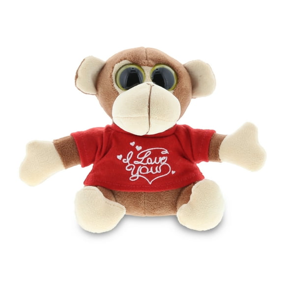 DolliBu I LOVE YOU Sparkling Big Eye Monkey Plush- Cute Stuffed Animal with Red Shirt For Valentine, Anniversary, Romantic Date, Boyfriend, or Girlfriend Gift - 6 Inches