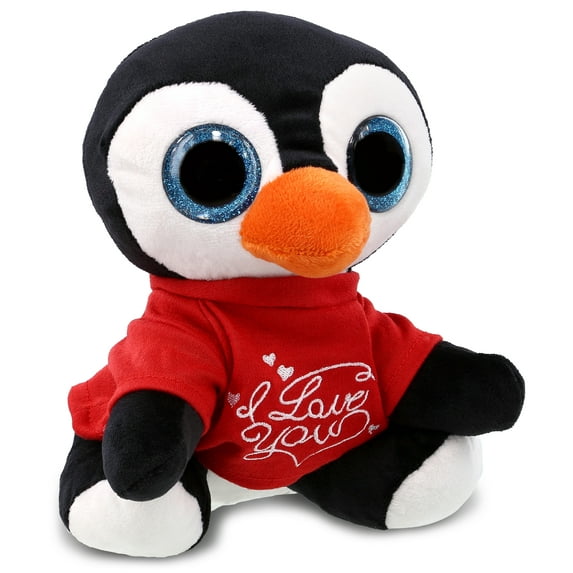 DolliBu I LOVE YOU Sparkling Big Eye Penguin Plush- Cute Stuffed Animal with Red Shirt For Valentine, Anniversary, Romantic Date, Boyfriend, or Girlfriend Gift - 8 Inches