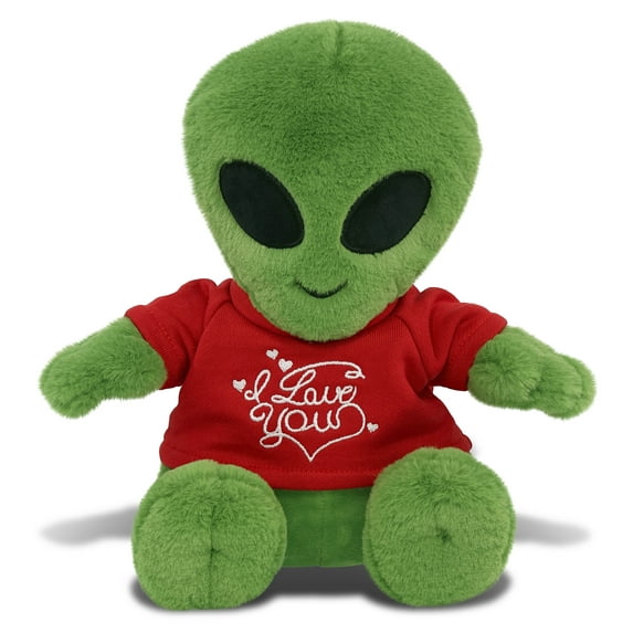 DolliBu I LOVE YOU Super Soft Alien Plush- Cute Alien Stuffed Outer Space Creature with I Love You Red Shirt For Valentine, Anniversary, Romantic Date, Boyfriend, or Girlfriend Gift - 11 inches