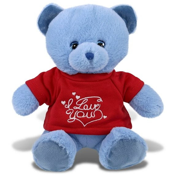 DolliBu I LOVE YOU Super Soft Baby Blue Bear Plush- Cute Stuffed Blue Bear Animal with Red Shirt For Valentine, Anniversary, Romantic Date, Boyfriend, or Girlfriend Gift - 8 inches