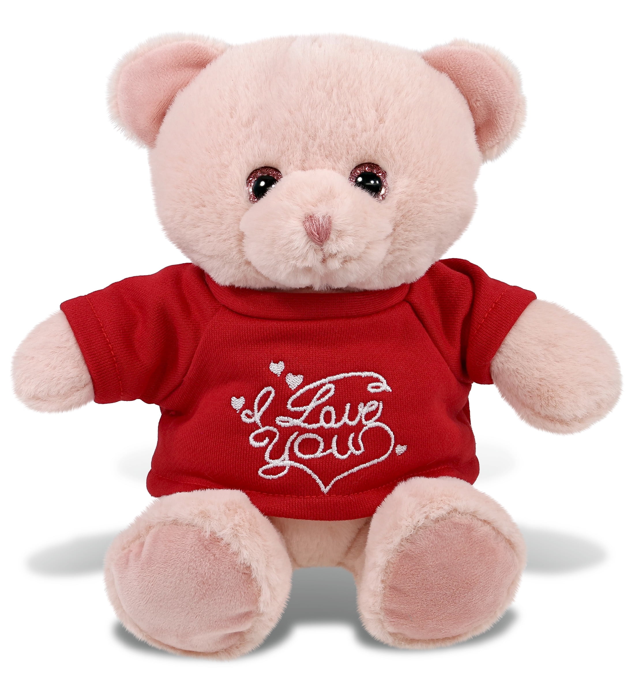 DolliBu I LOVE YOU Super Soft Baby Pink Bear Plush Cute Stuffed Pink Bear Animal with Red Shirt For Valentine Anniversary Romantic Date Boyfriend