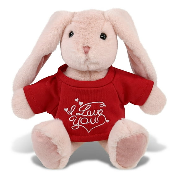 DolliBu I LOVE YOU Super Soft Baby Pink Rabbit Plush - Stuffed Pink Rabbit Animal with Red Shirt For Valentine, Anniversary, Romantic Date, Boyfriend, or Girlfriend Gift - 8 inches