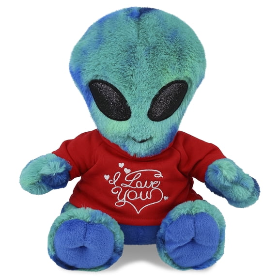 DolliBu I LOVE YOU Super Soft Blue Tie-Dye Alien Plush- Cute Alien Plush Stuffed Toy with I Love You Red Shirt For Valentine, Anniversary, Romantic Date, Boyfriend, or Girlfriend Gift - 9 Inches