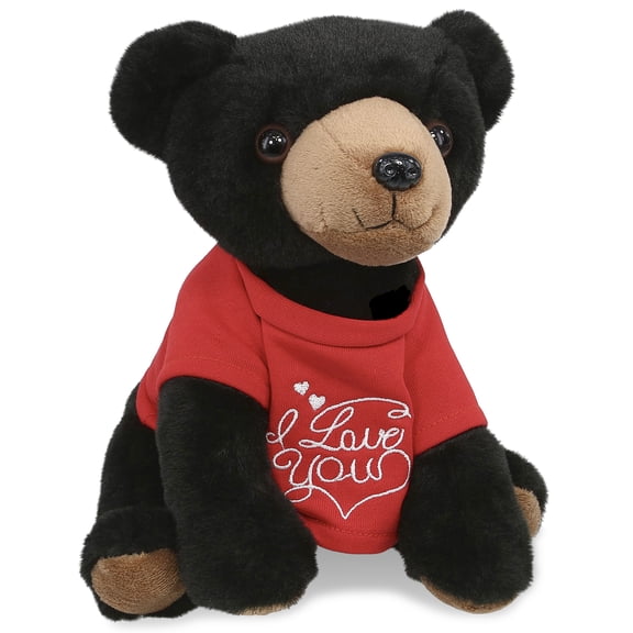 DolliBu I LOVE YOU Super Soft Floppy Black Bear Plush- Cute Bear Plush Stuffed Animal with I Love You Red Shirt For Valentine, Anniversary, Romantic Date, Boyfriend, or Girlfriend Gift - 9 Inches