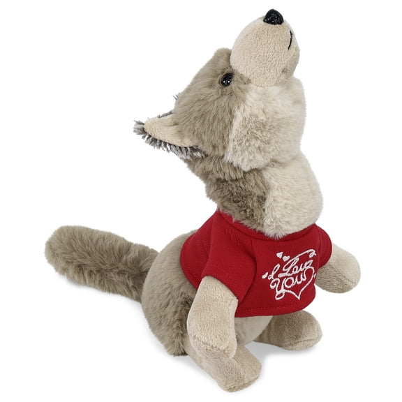 DolliBu I LOVE YOU Super Soft Howling Wolf Plush- Cute Wolf Plush Stuffed Animal with I Love You Red Shirt For Valentine, Anniversary, Romantic Date, Boyfriend, or Girlfriend Gift - 8.5 Inches