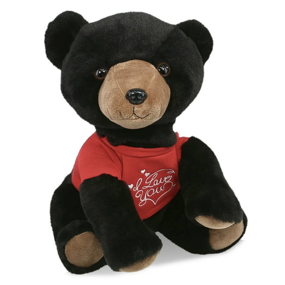 DolliBu I LOVE YOU Super Soft Large Floppy Black Bear Plush- Cute Bear Plush Stuffed Animal with I Love You Red Shirt For Valentine, Anniversary, Romantic Date, Boyfriend, or Girlfriend Gift - 12 Inch