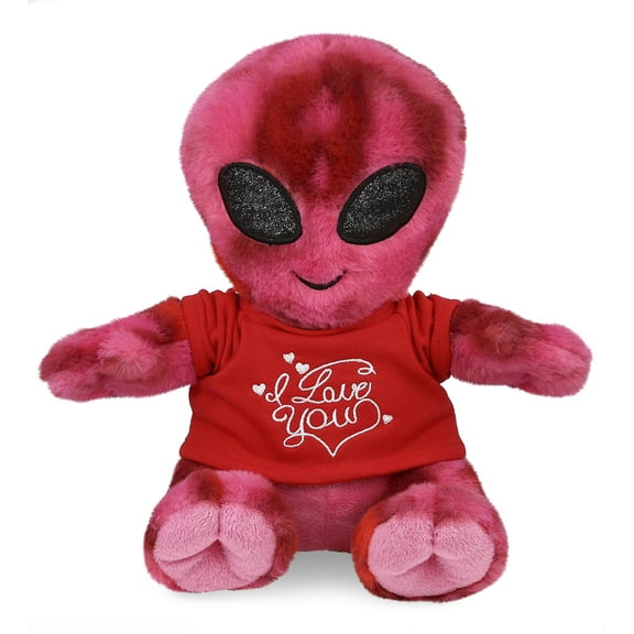 DolliBu I LOVE YOU Super Soft Pink Tie-Dye Alien Plush- Cute Alien Plush Stuffed Toy with I Love You Red Shirt For Valentine, Anniversary, Romantic Date, Boyfriend, or Girlfriend Gift - 11 Inches
