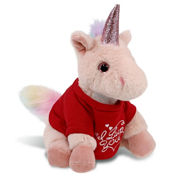 DolliBu I LOVE YOU Super Soft Pink Unicorn Plush- Cute Stuffed Pink Unicorn Animal with Red Shirt For Valentine, Anniversary, Romantic Date, Boyfriend, or Girlfriend Gift - 9 inches