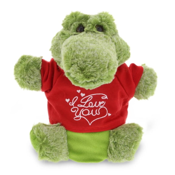 DolliBu I LOVE YOU Super Soft Plush Alligator Hand Puppet - Stuffed Animal with Red Shirt For Valentine, Anniversary, Romantic Date, Cute Wild Life Plush Toy Gift For Boyfriend or Girlfriend - 9"