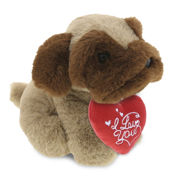 DolliBu I LOVE YOU Super Soft Plush Brown Pug Dog - Cute Brown Dog Stuffed Animal with Red Heart Plush for Valentines, Anniversary, Romantic Date, Boyfriend, or Girlfriend Gift - 8 Inches